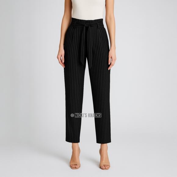 Express Black Pinstripe Paperbag Pants High Rise Belted Ankle Trousers Size 10 - Picture 1 of 12